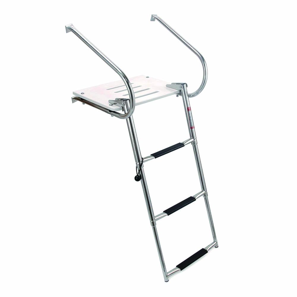 Mojiate Universal Inboard/Outboard Swimming Ladder with Fiberglass Platform, Telescopic Boat Ladder with 2 Handrails, Extendable Folding Stepladder for Marine, Ship, Yacht and More (3 - Step)