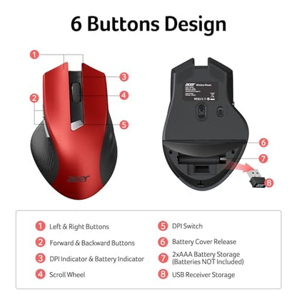 acer Wireless Mouse for Laptop, 2.4GHz Computer Mouse 3 Adjustable DPI Office Cordless USB Mice with USBA Receiver, 6 Buttons, 1600 DPI, Medium to Large Sized Hands Compatible with PC, Laptop, Desktop