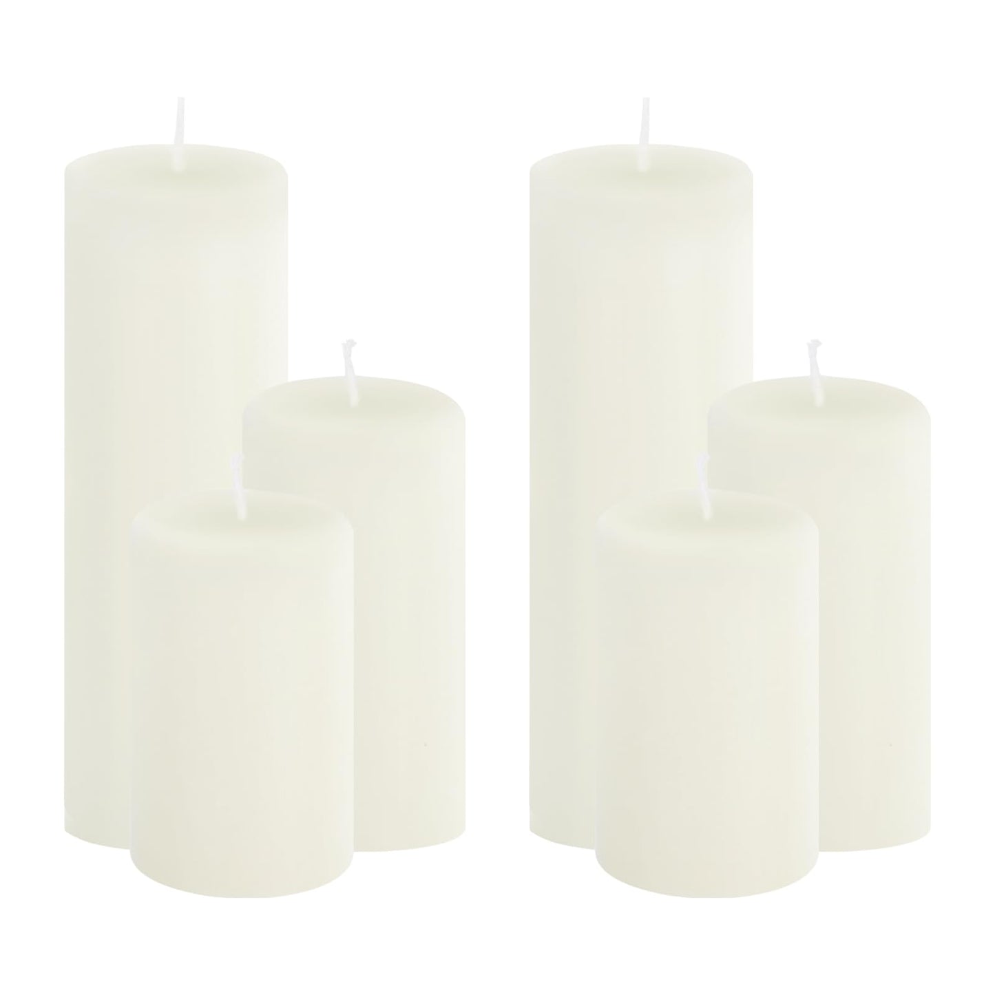 Trxvxo 6-Pack White Pillar Candles Bulk Set - Assorted 3 Sizes (3, 4, 6 Inch, 2 Each), Long-Lasting Dripless, Unscented & Smokeless Hurricane Candles for Wedding, Dinner Party & Romantic Atmosphere.