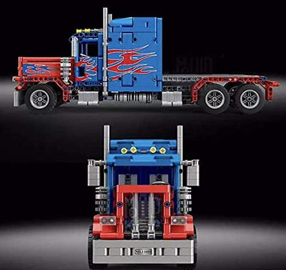 General Jim's RC Semi Truck Building Blocks Set Remote and App Controlled Model with Opening Doors Extendable Bed Dual Axles Flame Design 839 Pieces 1:20 Scale