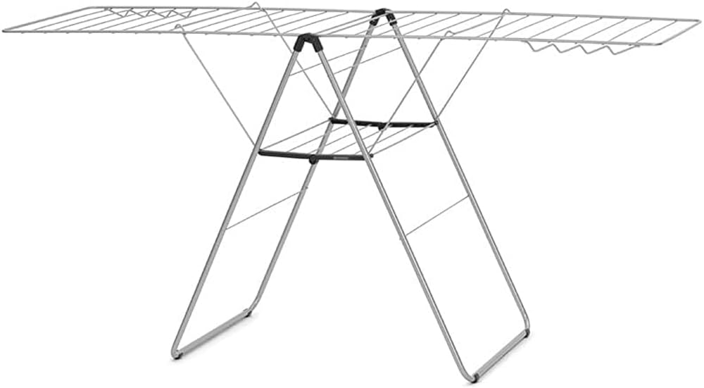 Brabantia HangOn Clothes Drying Rack | 82ft (25m) | Metallic Gray | Large Indoor Clothes Airer Laundry Stand with 2 Fold-Out Wings & Hanger Hooks, Folds Flat | Fits 2 Full Loads