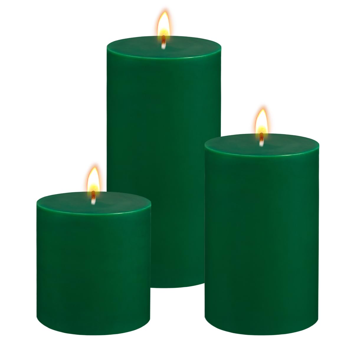 Green Unscented Pillar Candles 3-Pack – Dripless & Smokeless, Long-Burning Thick Candles (2",3",4" Heights) for Weddings, Home Decor & Serene Ambiance
