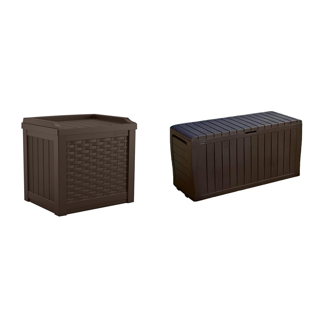 Suncast 22 Gallon Small Resin Storage Seat, Java, SSW600J & Keter Marvel Plus 71 Gallon Resin Outdoor Box for Patio Furniture Cushion Storage, Brown