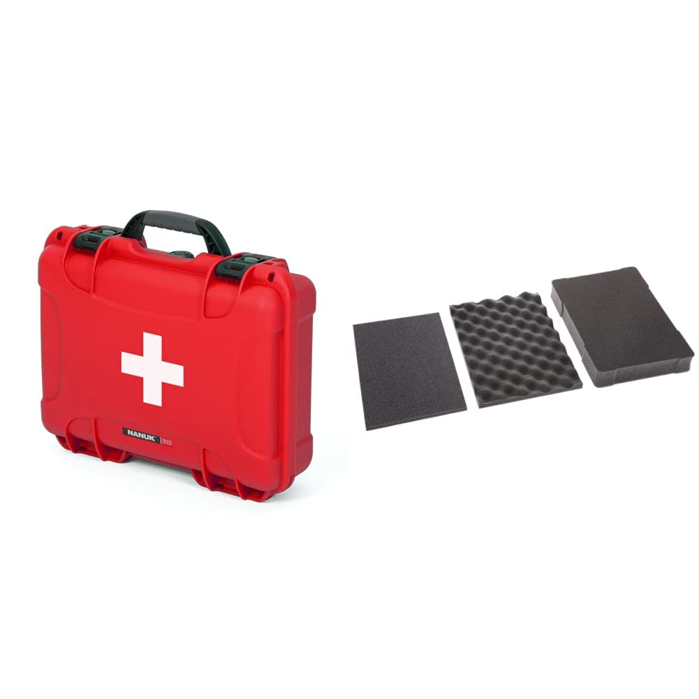 Nanuk 910 Waterproof First Aid Prepper Survival Gear Dust and Impact Resistant Case - Empty - Red, 910-FSA9 & Foam Inserts (3 Part) for 910 Case