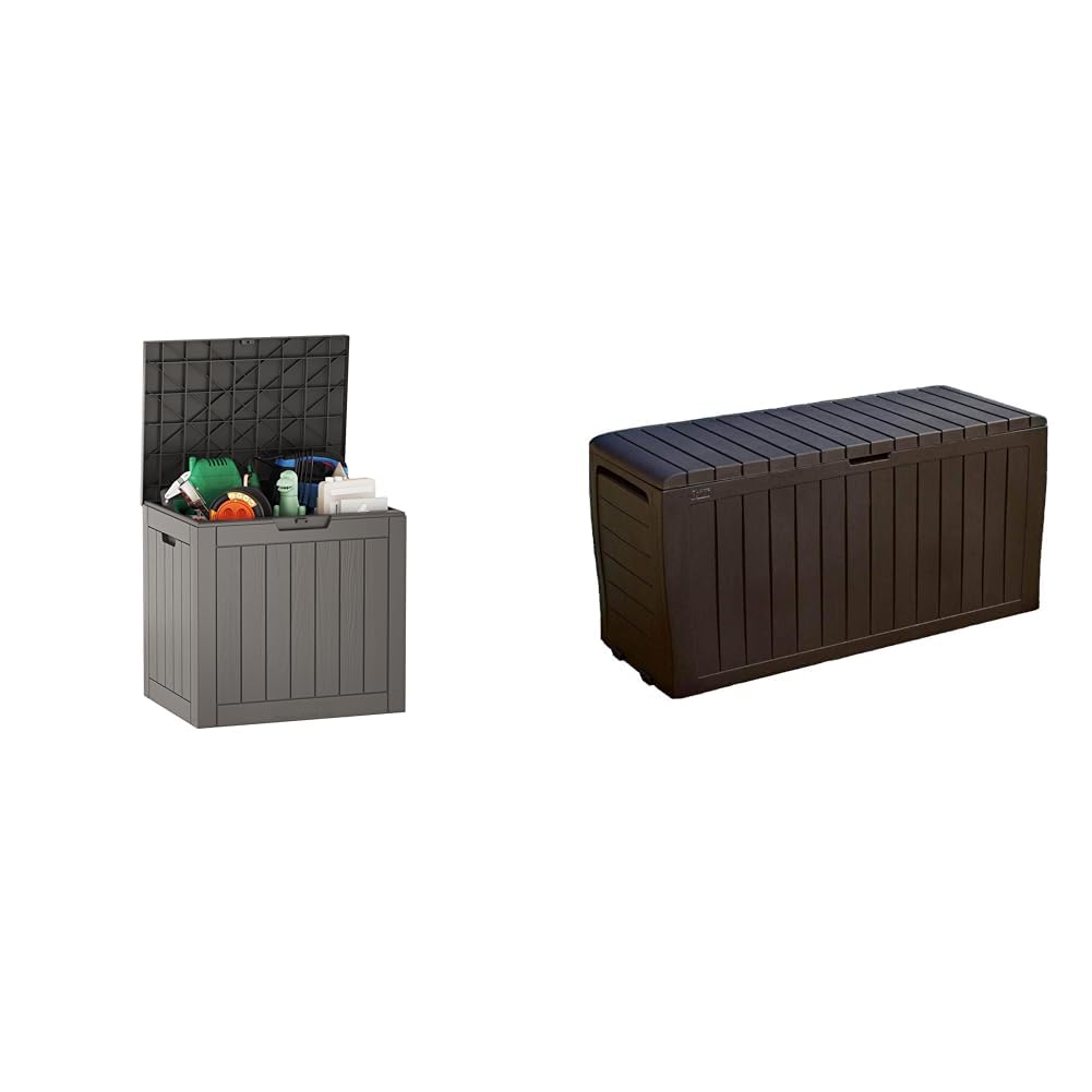 EAST OAK Deck Box, 31 Gallon Indoor and Outdoor Storage Box with Padlock for Patio Cushions & Keter Marvel Plus 71 Gallon Resin Outdoor Box for Patio Furniture Cushion Storage, Brown