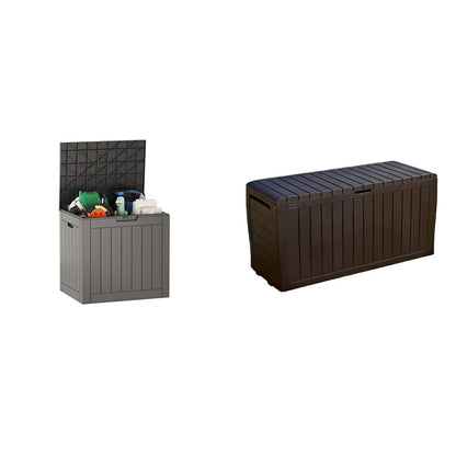 EAST OAK Deck Box, 31 Gallon Indoor and Outdoor Storage Box with Padlock for Patio Cushions & Keter Marvel Plus 71 Gallon Resin Outdoor Box for Patio Furniture Cushion Storage, Brown