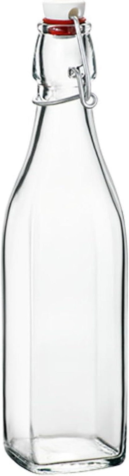 Bormioli Rocco Swing 17 oz. Square Swing-Top Glass Bottle with Airtight Seal and Metal Clamp for Drinks, Juices, Wine, or Dressings, Single Bottle