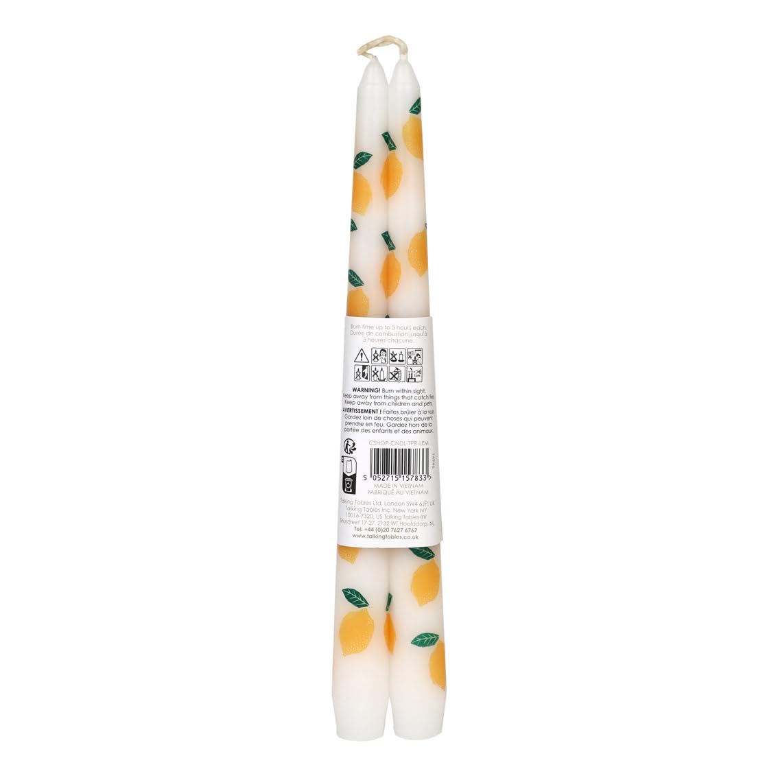 Talking Tables 2 x Lemon Print Tall Taper Dinner Candles, Unscented, Summer Taper Candles for Table Decor & Centrepieces, Fits Candlestick Holders