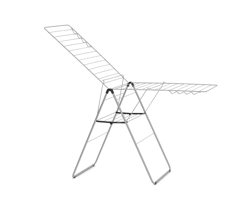 Brabantia HangOn Clothes Drying Rack | 82ft (25m) | Metallic Gray | Large Indoor Clothes Airer Laundry Stand with 2 Fold-Out Wings & Hanger Hooks, Folds Flat | Fits 2 Full Loads