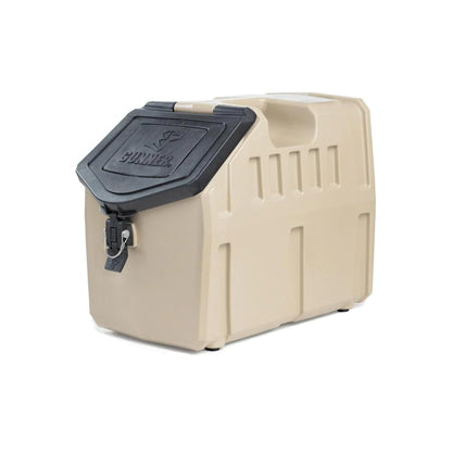 GUNNER 50 lbs Tan Dog Food Storage Container with Measuring Scoop – Waterproof & Airtight Pet Food Bin for Dry Food, Corn, Chicken Feed, Bird Seed & Treats – 3 Cup Ergonomic Scooper with Markers
