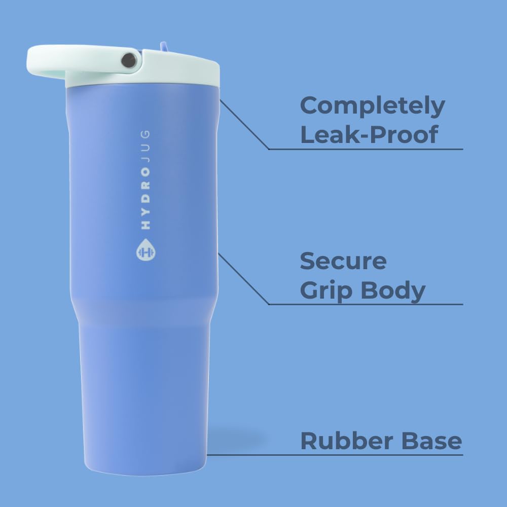 HydroJug Sport - Stainless Steel Tumbler with Straw, Vacuum Insulated, 32oz Leakproof Water Bottle, Ergonomic Design, Reusable, Dishwasher Safe, Rubber Base, Durable for Gym or Outdoors, Riptide