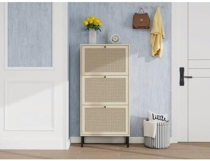 ZeHuoGe Natural Rattan Shoe Storage Rack - Modern 3-Tier Cabinet with 3 Flip Drawers for Heels & Slippers