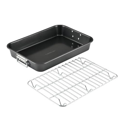 Farberware Bakeware Nonstick Steel Roaster with Flat Rack, 11-Inch x 15-Inch, Gray