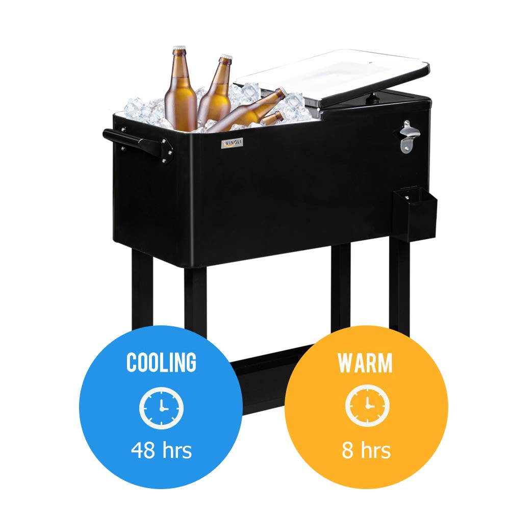 VINGLI 80 Quart Rolling Ice Chest, Portable Patio Party Bar Drink Cooler Cart, with Shelf, Beverage Pool with Bottle Opener (Black)
