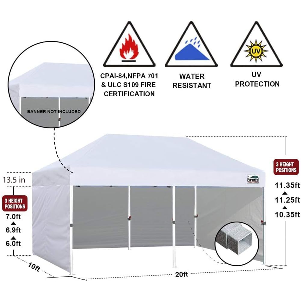 Eurmax USA 10x20 Pop Up Canopy Tent,Commercial Tent with Patented No-Tip Rolling Bag,4 Zippered Removable Walls,UV & Water Resistant Canopy Top,Heavy Duty Outdoor Gazebo,Instant Shelter(White)