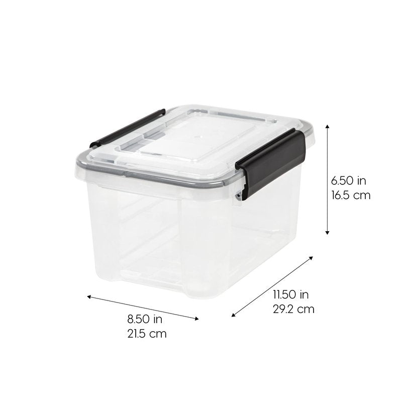 IRIS USA WeatherPro 6 Qt Storage Bins with Lids, 6 Pack, BPA-Free Plastic Gasket Box with Tight Latch and Seal, Stackable Nestable Tote Tub - Clear/Black