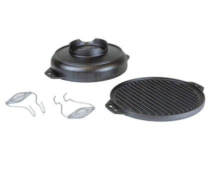 Lodge Cast Iron Cookware Set with Accessories - Five-Piece Cast Iron Cookware Set with Reversible Grill/Griddle, Wok, Handles and Leather Gloves