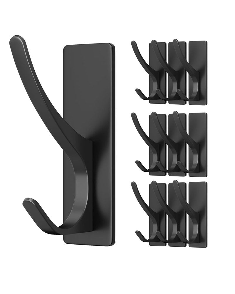 pickpiff 10 Pack Matt Black Self Adhesive Coat Hooks for Hanging: 13LB Extra Strong Stainless Wall Hook for Towel, Utensil, Backpack, Hat, Sturdy Metal Hanger for Bathroom, Kitchen, Door