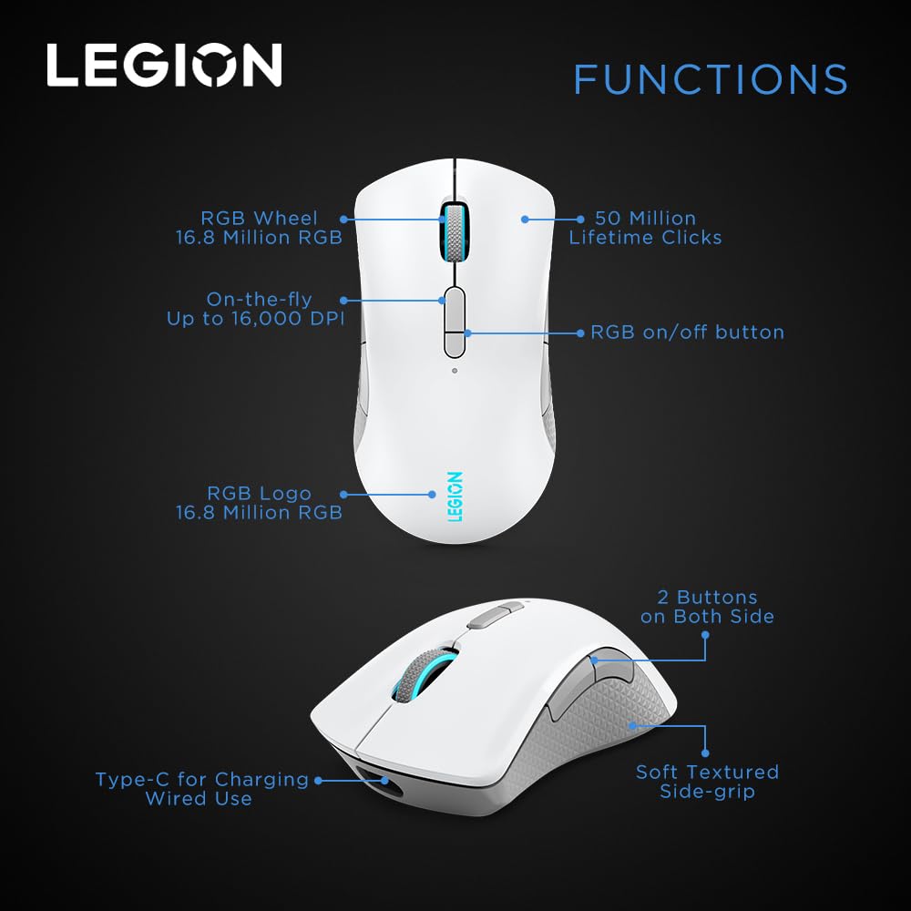 Lenovo Legion M410 Wireless RGB Gaming Mouse – 6 Button Palm Grip Mouse with 16,000 DPI, 53 Hour Rechargeable Battery, 2-Zone RGB Lighting, NVIDIA Reflex Compatible