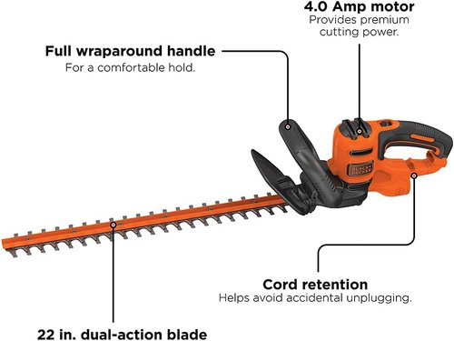 BLACK+DECKER 22" Electric Hedge Trimmer - Lightweight 4.0 Amp Dual Action with Full Wraparound Handle