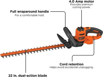 BLACK+DECKER 22" Electric Hedge Trimmer - Lightweight 4.0 Amp Dual Action with Full Wraparound Handle