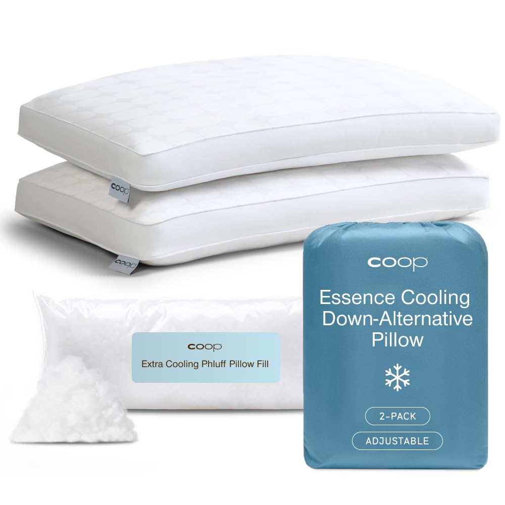 Coop Home Goods Essence Cooling Down Alternative Pillows Set of 2, King Size Adjustable Cooling Pillow for Hot Sleepers, Luxury Cool-to-the-Touch Hotel Pillows for Stomach, Back, or Side Sleepers