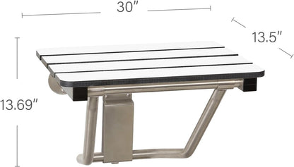 30" x 15" Phenolic White 3” Slats Folding Wall Mount Shower Seat Bench, ADA Compliant