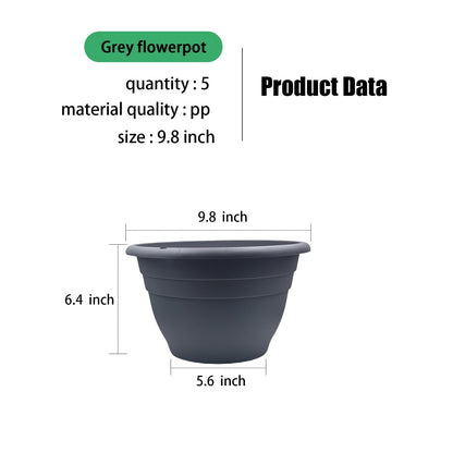 RooTrimmer 5 Pack 10 Inch Plant Pots for Indoor Outdoor,Plastic Floor Planters with Drainage Holes,Lightweight Flower Pots for Home,Patio & Garden(Grey)