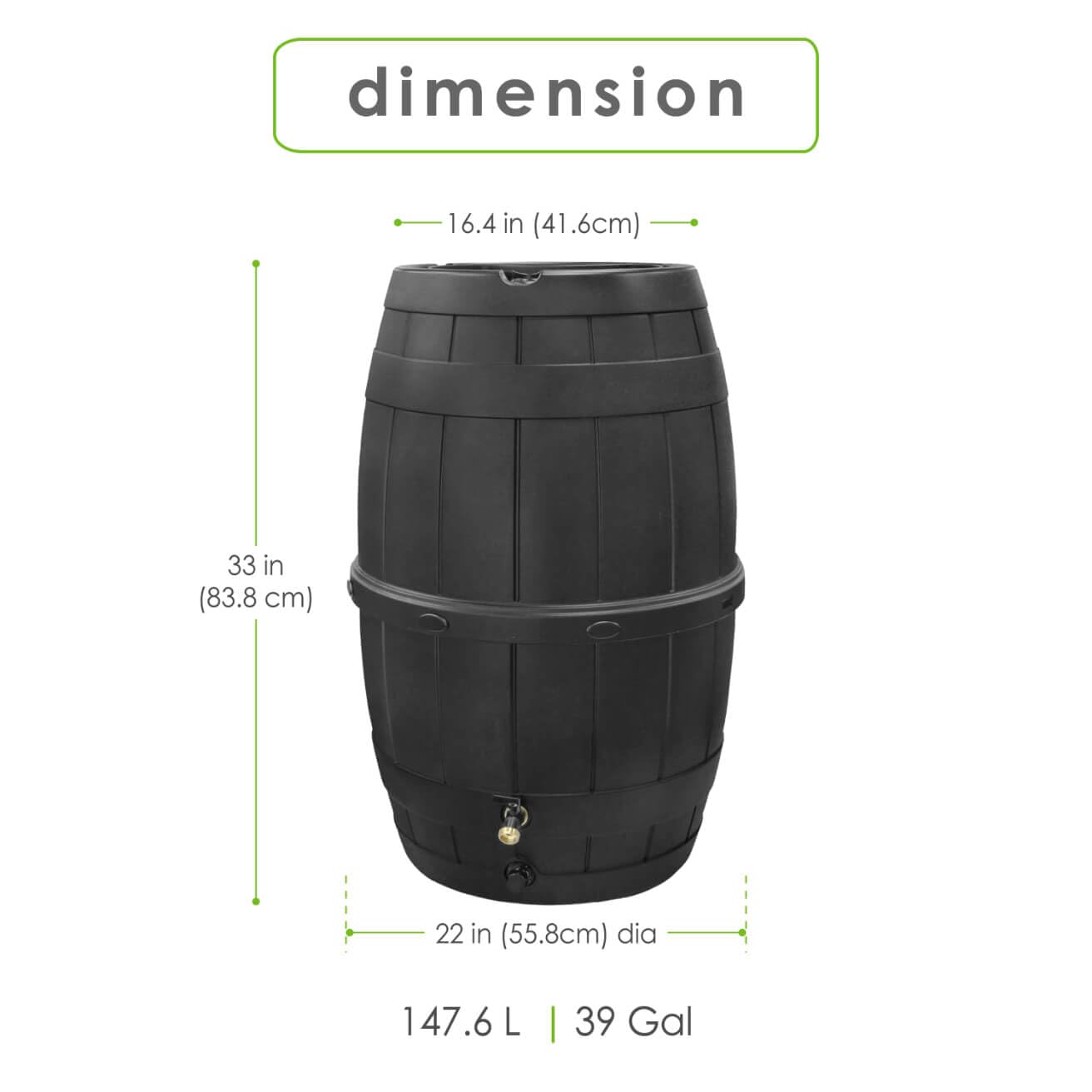 Garden Central 39-Gallon Knock Down Rain Barrel with Brass Spigot, Black – Plastic Outdoor Water Collection Container with Planter Top – Irrigation Supply for Gardening, Lawn & Landscaping