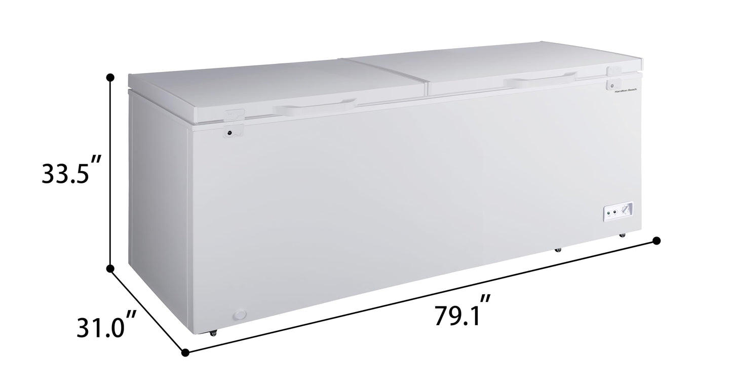 Hamilton Beach HBFRF2129 21 cu ft Double Door LID Garage-Ready Chest Freezer-White, Vinyl-Coated Baskets, Space-Saving Flat Back, Stay-Open, Front-Access Drain, for Storage, Hunting, Large Family