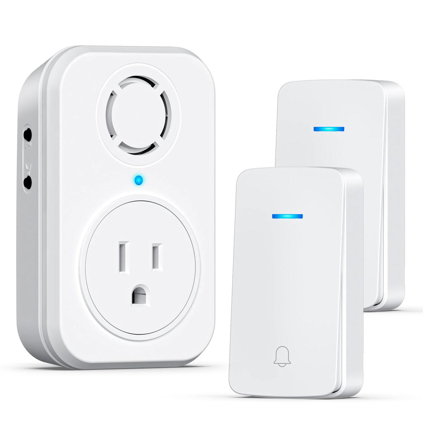 AIDA Wireless Doorbell, Self-powered Doorbell with Extra Socket, No Battery Required Push Button, Cordless Door Bell Ringer, 5 Volume Levels with 32 Doorbell Chimes (White, 2 Button & 1 Receiver)