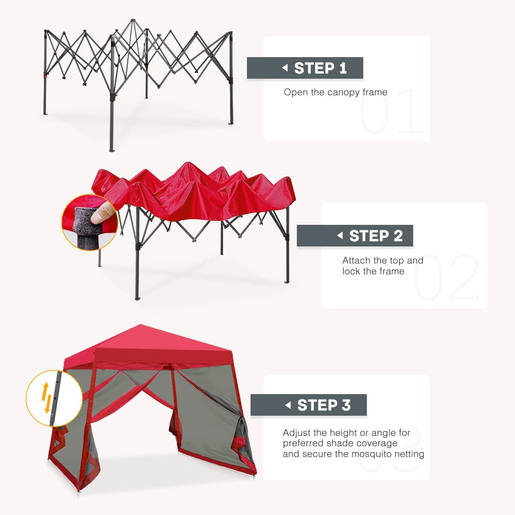 COOS BAY 10x10 Pop Up Canopy Tent with Screen Netting, Slant Leg Canopy with UPF 50+ UV Protection, 64 Sq Ft Shade, One Person Setup with Carry Bag, Red