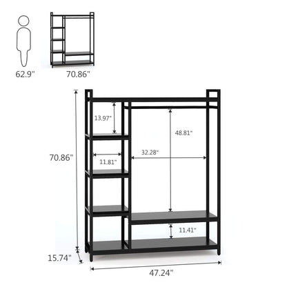 LITTLE TREE Free Standing Wood Closet Clothes Rack,Heavy Duty Grament Rack with Shelves,Hanging Racks for Clothes Clothing Rack for Bedrom,Wardrobe Closet Organizer,350 lb Capacity,Black