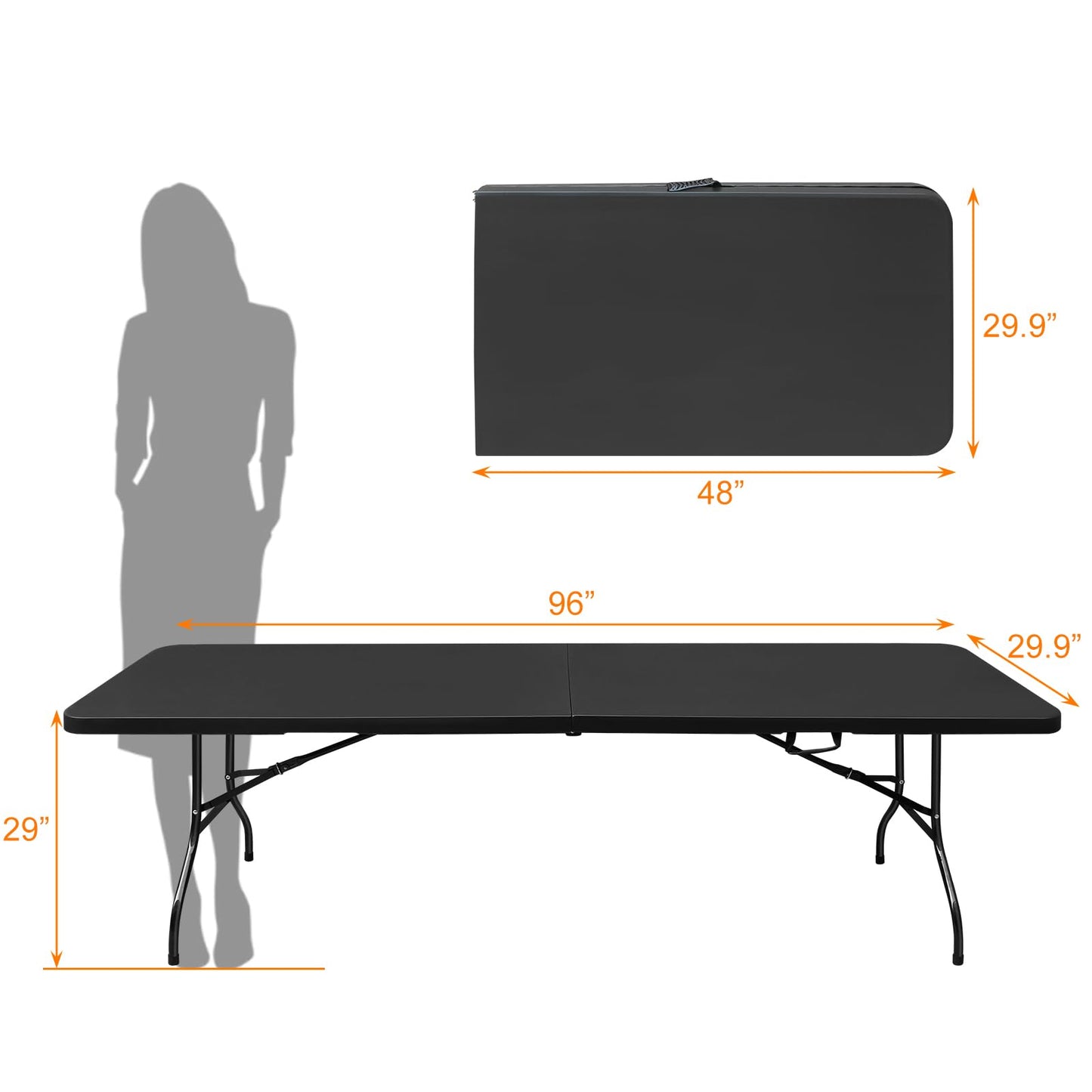 SculPong 8 FT Folding Table with Carry Handle, Portable Fold-in-Half Plastic Table, Rectangle Foldable Table for Indoor/Outdoor Black