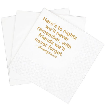 SharkBliss Funny Quotes 100 Pack Here's To Nights We'll Never Remember With Friends We'll Never Forget Cocktail Napkins For Bachelor Birthday Wedding Anniversary 2-Ply, 5x5" (Here's To Nights)