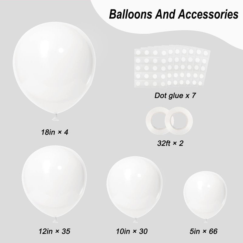 RUBFAC 135pcs White Balloons Different Sizes 18 12 10 5 Inch for Garland Arch, Latex Balloon for Wedding Birthday Party Baby Shower Anniversary Baptism Decorations