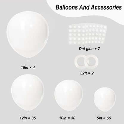 RUBFAC 135pcs White Balloons Different Sizes 18 12 10 5 Inch for Garland Arch, Latex Balloon for Wedding Birthday Party Baby Shower Anniversary Baptism Decorations