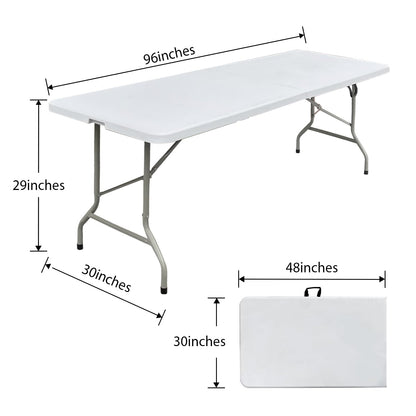 JingPieCle 8ft Folding Table 96 inch, Heavy Duty 8 Foot Portable Plastic Foldable Table with Handle and Fold-in-Half Design, Blow Molded Tabletop for Outdoor, Indoor, Party, Dining and Banquet, White
