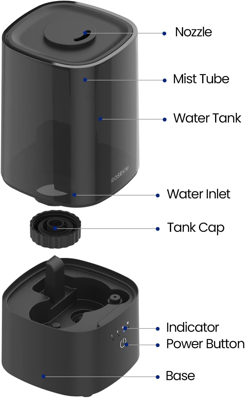 ROSEKM Cool Mist Humidifier - 2.0L Ultrasonic Design for Bedroom & Nursery | Quiet, Filterless, Black