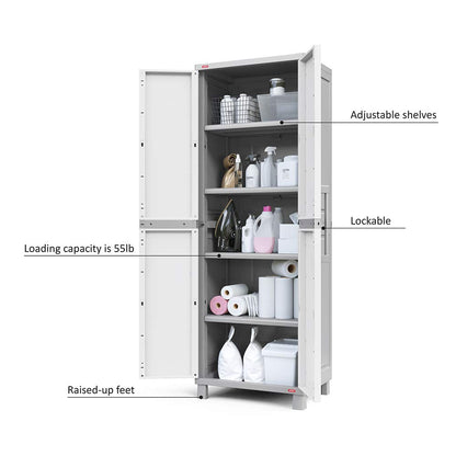 Keter Storage Cabinet with Doors and Shelves for Laundry Room, Garage, Bathroom Accessories, Closet and Home Organization, White & Grey