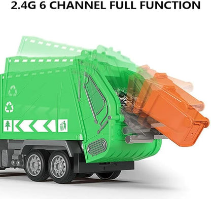 2.4G RC Garbage Truck Toy with Lights - 6 Channel Remote Control Waste Management Garbage Truck with 2 Rechargeable Batteries Kids Recycling Trash Toys Excellent Xmas Gifts for Boys Girls 3-8
