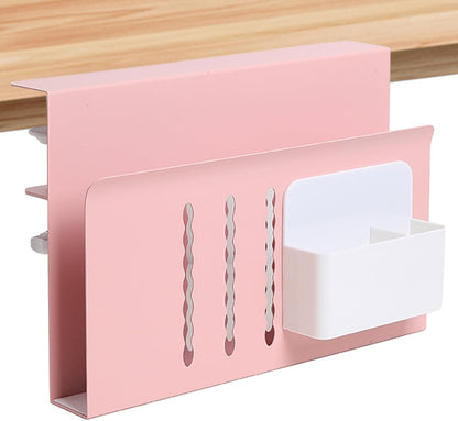 Desk Side Storage Under Desk Laptop Holder, No Drill Hanging Desk Organizer with Pen Holder, Clamp-On Table Side Tray Desktop Organization Mount for Office and Home (White)