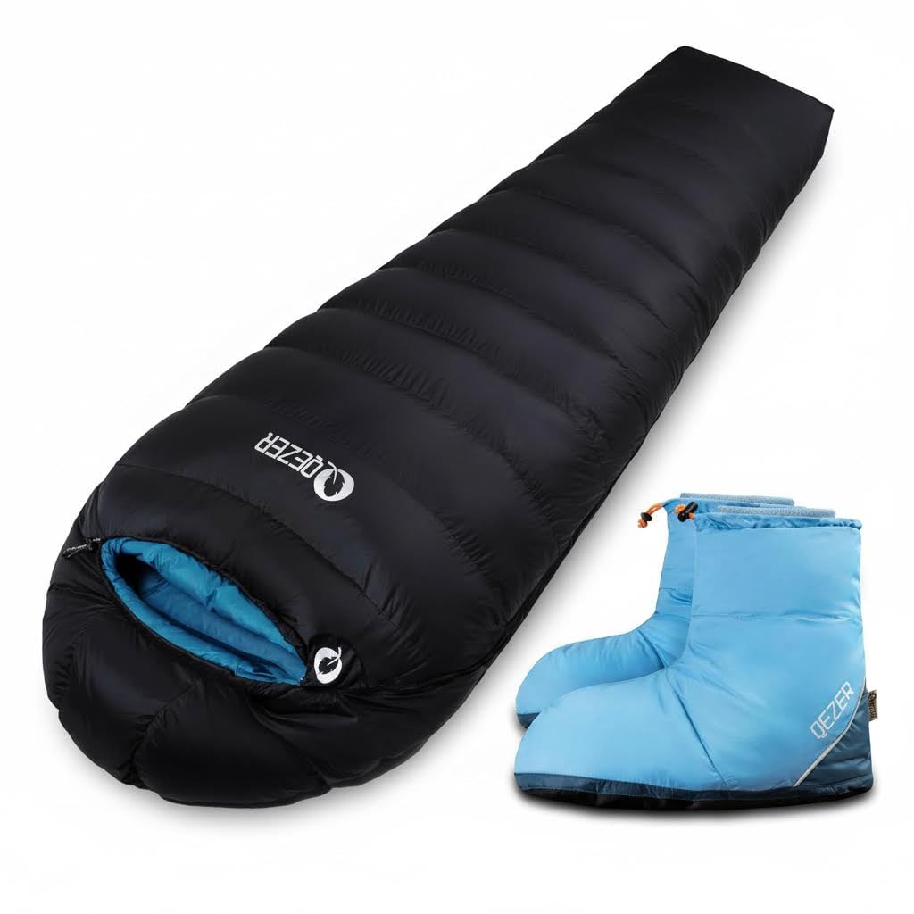 QEZER 0°F Cold Weather Sleeping Bag for Adults, Lightweight Backpacking Bag with Down Booties for Men and Women Keep Warm