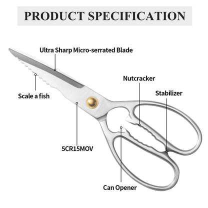 ELephas PLus Professional Kitchen Scissors - Heavy Duty Stainless Steel Shears for Cutting Meat, Fish, Poultry, Vegetables, Pizza - Food Cutting Tools