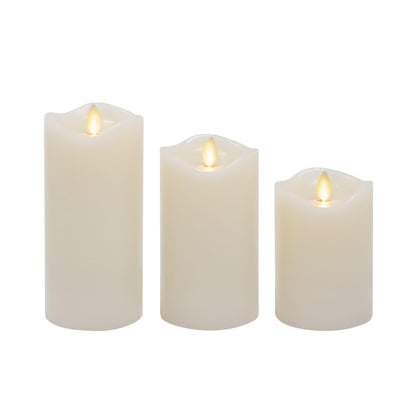 Matchless Candle Co. by Luminara Set of 3 Flameless LED Flickering Moving Flame Pillars (3" x 4.5", 5.5", 6.5"), Melted Unscented Real Wax Edge w/ Smooth Finish, AA Battery Operated, Pearl Ivory