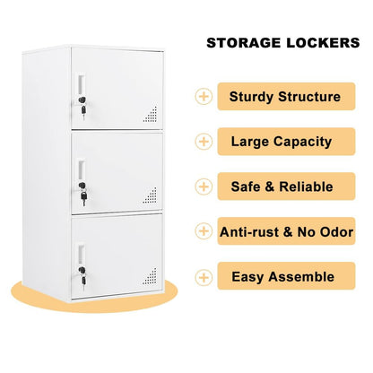 FURSTEL Student Locker Organizer, Multi-Door Steel Locker, Small Locking Cabinet Storage Organizer, Office File Cabinet, Home Locker, Gym Locker, Metal Storage Locker (3 Door, White)
