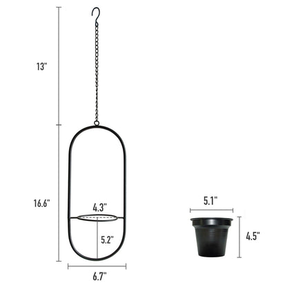HemePaha Modern Metal Hanging Planters with 5 Inch Pots - Set of 2 Oval Geometric Plant Hangers - Black Wall and Ceiling Mount Flower Holders for Indoor and Covered Outdoor Houseplants