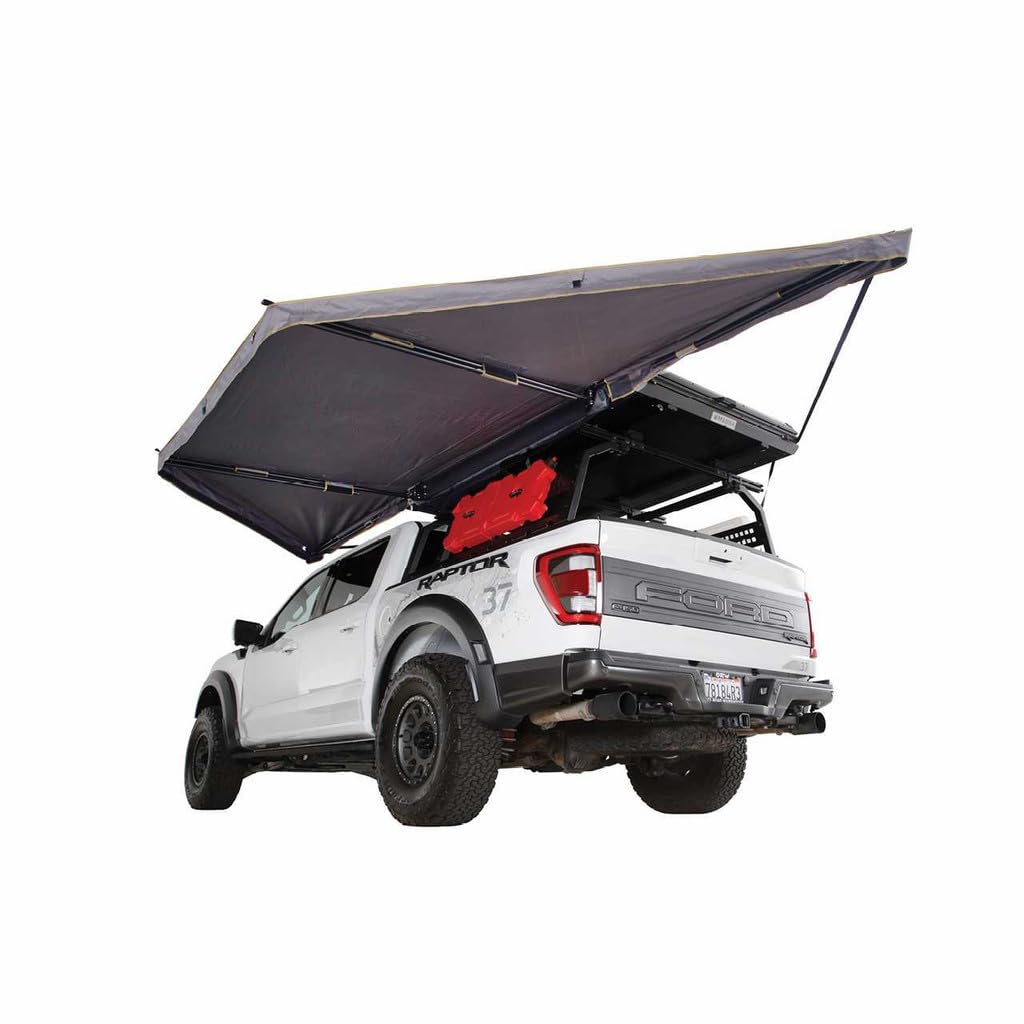 Overland Vehicle Systems 19609917 HD Nomadic 180 LTE Awning Universal | 59 Sq Ft of Coverage | Dark Gray Fabric with Black Travel Cover Included | Twist and Lock Technology | Heat-Sealed Seams