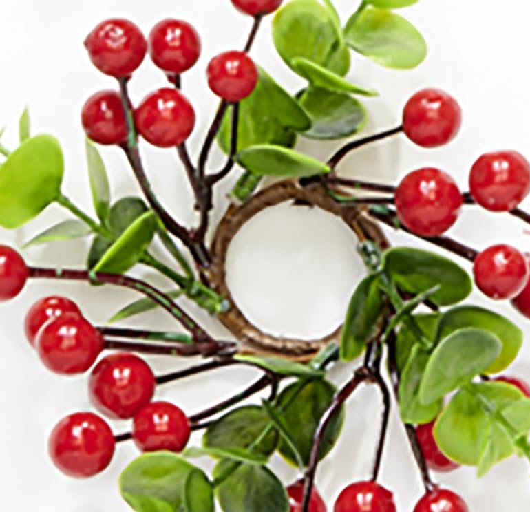 Skiennix Artificial Christmas Candle Ring Set - Red Berries & Eucalyptus, 1.25" Inner Diameter, Set of 6