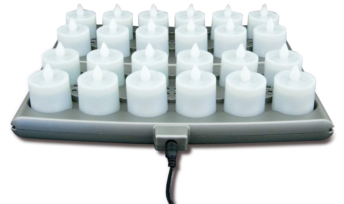 Hollowick® Platinum+™ Flameless Rechargeable Set: (24) Amber LED Candles, (2) Charging Trays, (1) Power Supply